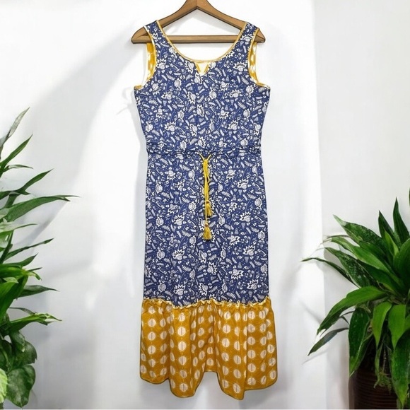 MATILDA JANE Blue Ridge Boho Maxi Dress Floral Yellow Hem Tassel Tie Women’s M - Picture 3 of 9